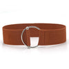 Chic round buckle women's elastic waist belt in neutral color, perfect for dresses, sweaters, and casual outfits.