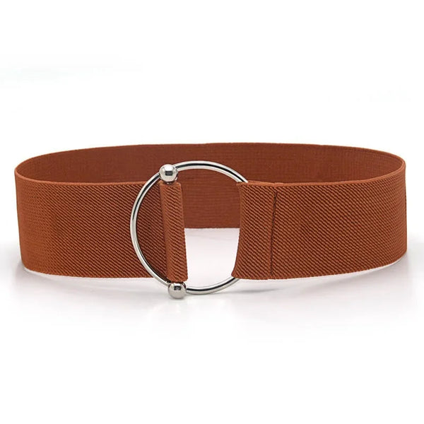 Chic round buckle women's elastic waist belt in neutral color, perfect for dresses, sweaters, and casual outfits.