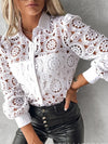 Elegant white lace blouse with long sleeves, turn-down collar, perfect for office wear and formal occasions.