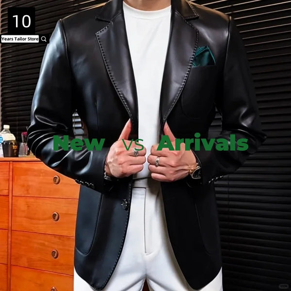 Sleek men's leather suit jacket in slim fit with notched collar, perfect for casual and formal occasions in spring and autumn