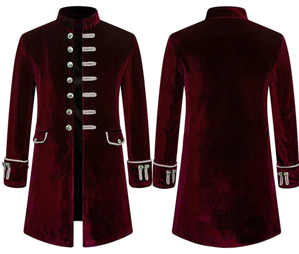 Elegant men's medieval-style trench coat in black, featuring a stand collar and single-breasted design for formal occasions.
