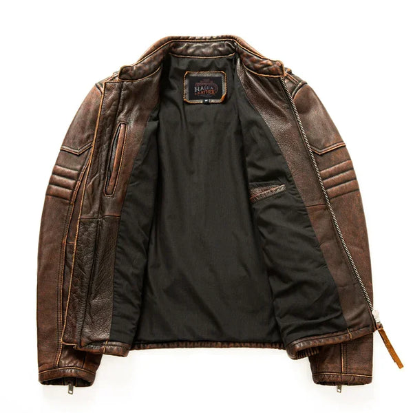 Premium men's leather biker jacket in rich brown with stand collar, crafted from durable first-layer calfskin leather.