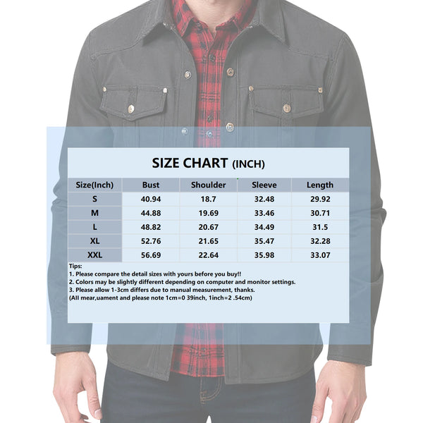 Men's Western Flannel-Lined Casual Jacket with metal buttons, multiple pockets, and soft flannel lining for warmth and style.