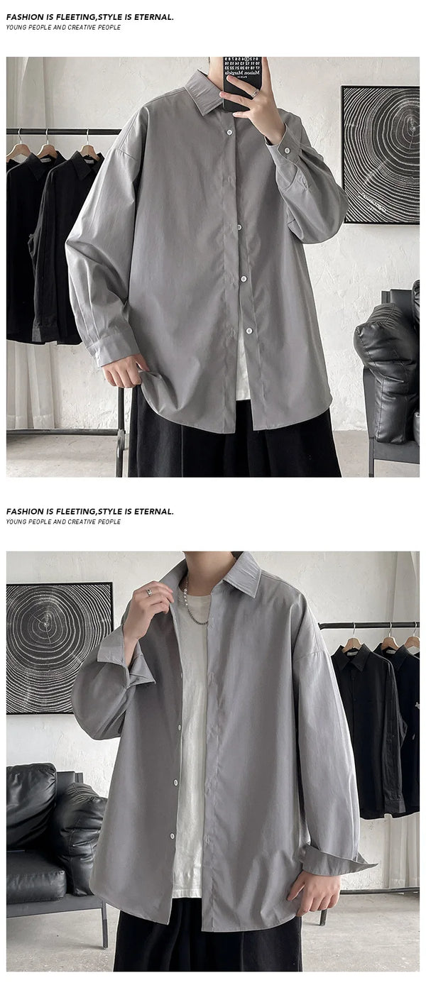 Oversized long sleeve casual shirt for men and women, featuring a Mandarin collar and single-breasted closure in solid color.