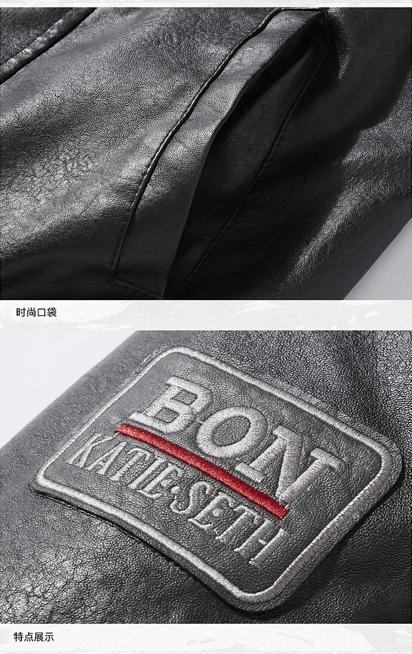 Men's Autumn/Winter Embroidered Leather Biker Jacket with detachable collar, fleece lining, and classic aviator design.