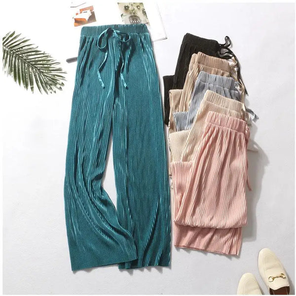 Chic wide leg summer pants for women in ice silk, pleated design, lightweight, breathable, and perfect for casual outings.