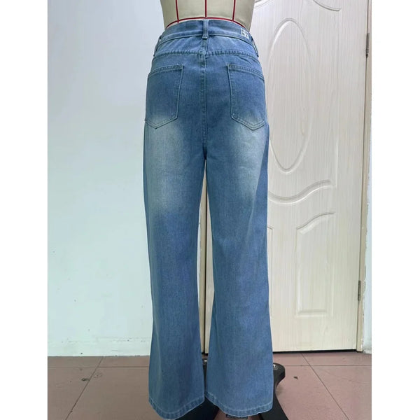 Chic wide leg denim jeans for women, vintage style, mid-rise fit, comfortable stretch, perfect for casual and trendy outfits.