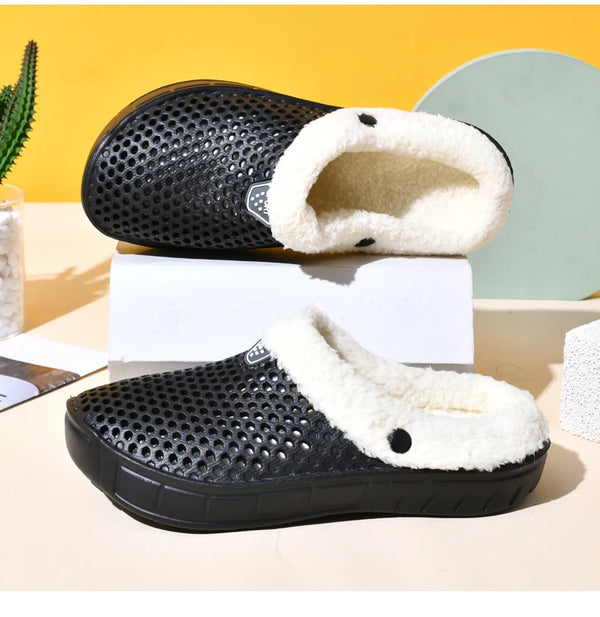 Close-up of plush velvet interior lining in cozy winter clogs