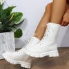 Chic white ankle boots with chunky heel, lace-up closure, and durable PU leather for stylish fall/winter outfits.