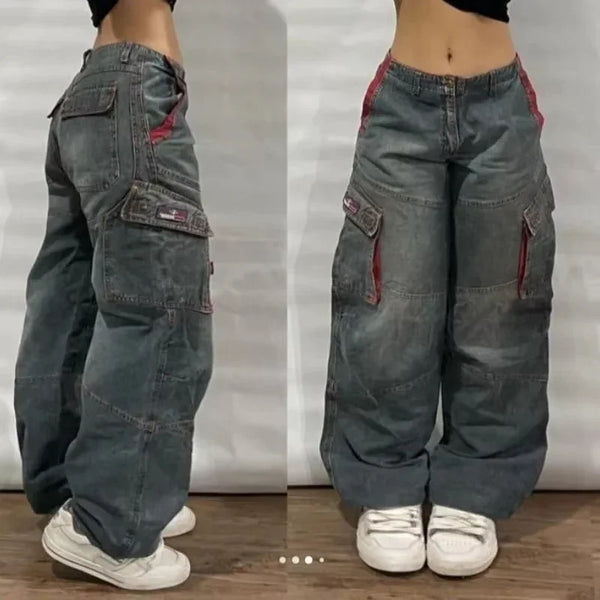 Trendy denim jeans with artistic embroidery, ideal for all-season wear.