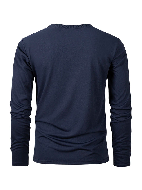 Men's long sleeve casual t-shirt in solid black, breathable polyester, O-neck, quick-drying, perfect for sports and lounging.