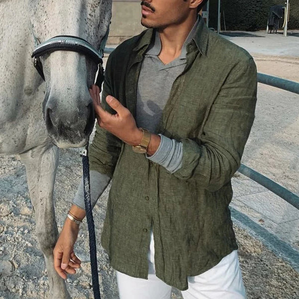 Breathable linen broadcloth shirt for men featuring oversized silhouette and classic single-breasted closure
