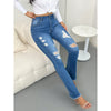 Chic light blue ripped flared jeans for women with high waist, deep pockets, and retro style for versatile fashion.