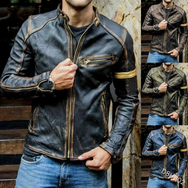 Stylish Men's Faux Leather Biker Jacket in black, featuring a stand-collar and smooth zipper, perfect for casual wear.