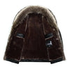 Close-up of raccoon fur collar on men's leather jacket.