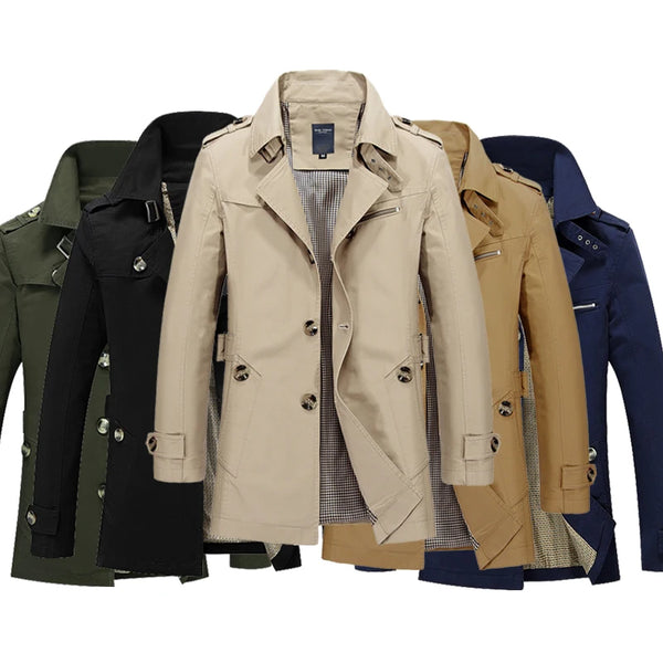 Sleek Men's Casual Business Trench Coat with turn-down collar, single-breasted closure, perfect for stylish business attire.