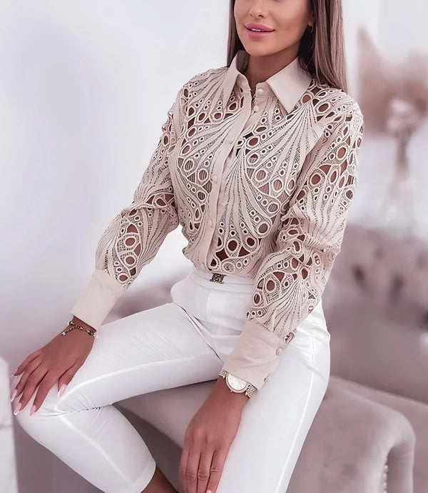 Chic women's hollowed-out long sleeve blouse in lightweight polyester, perfect for office wear or casual outings.