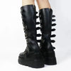 Gothic knee-high platform boots for women with wedge heel, buckle closure, perfect for Halloween, cosplay, and edgy fashion.