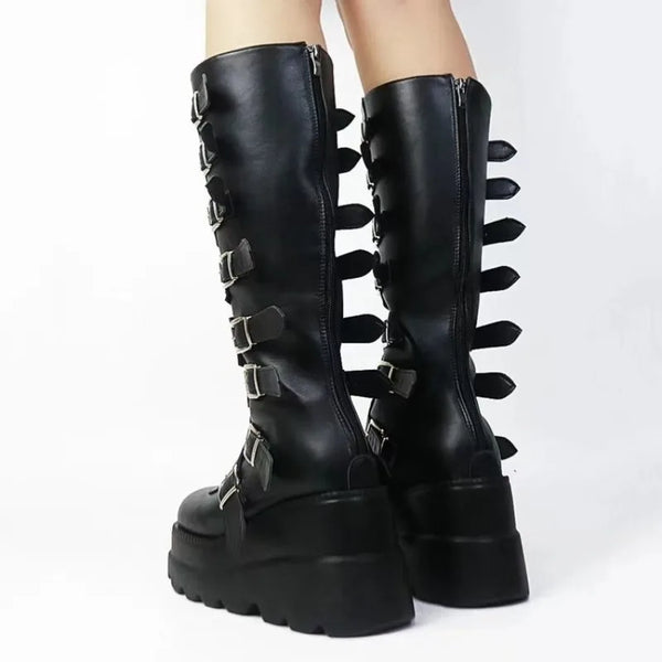Gothic knee-high platform boots for women with wedge heel, buckle closure, perfect for Halloween, cosplay, and edgy fashion.