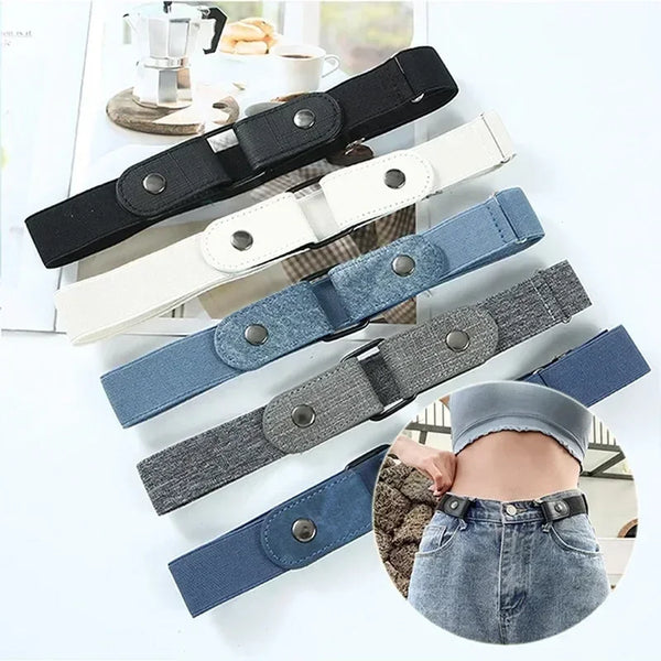 Buckle-free elastic belt in black and blue, adjustable 85-115cm, perfect for comfort and style for men and women.