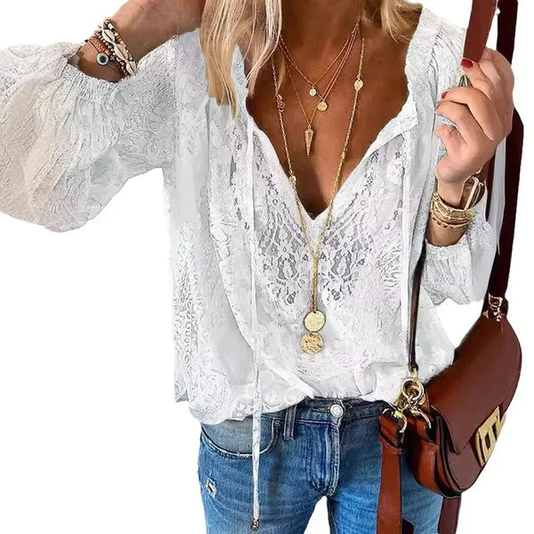 Elegant Boho Lace V-Neck Blouse for women, featuring delicate lace, relaxed fit, and lightweight fabric for spring and summer