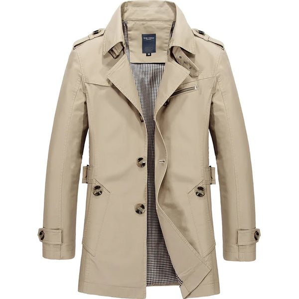 Sleek Men's Casual Business Trench Coat in high-quality polyester with turn-down collar and single-breasted closure.