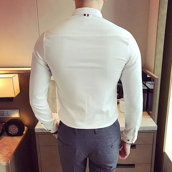 Elegant men's slim-fit dress shirt in solid color, perfect for spring, made from cotton, polyester, and spandex blend.