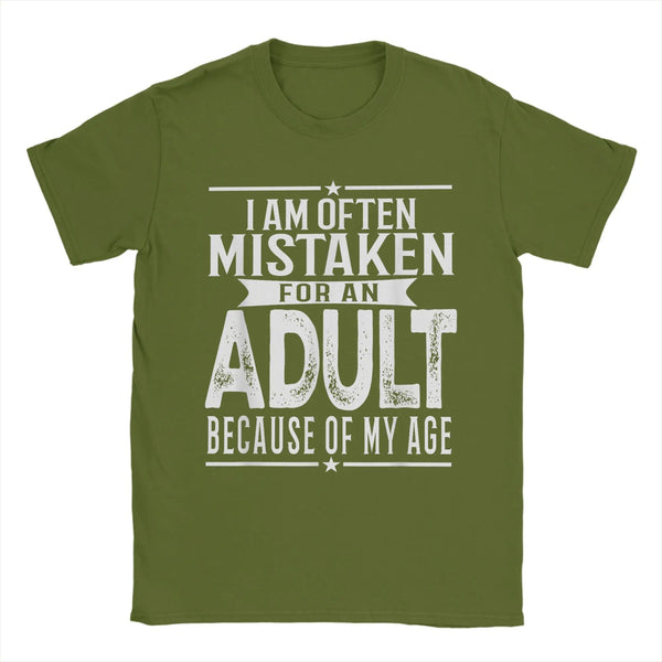 Men's humorous "Mistaken For An Adult" cotton tee, relaxed fit, short sleeve, breathable fabric, perfect for casual wear.