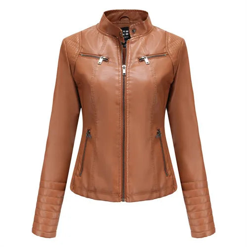 Chic women's slim leather biker jacket with zip detail, stand-up collar, and tailored fit for a stylish urban look.