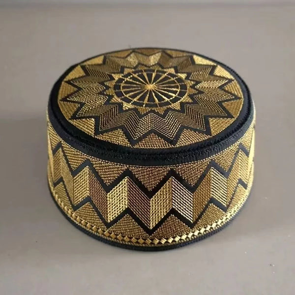 Versatile Muslim cap featuring gold threadwork on breathable fabric for comfortable all-day wear