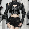 Chic cropped faux leather biker jacket for women with rivet detailing, slim fit, and zip closure for edgy streetwear style.