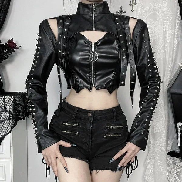 Chic cropped faux leather biker jacket for women with rivet detailing, slim fit, and zip closure for edgy streetwear style.