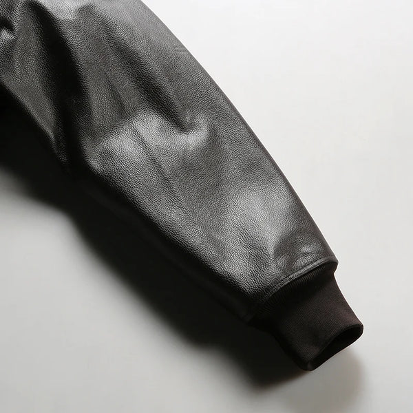 Side view of the Top Gun inspired leather bomber jacket highlighting its sleek design.