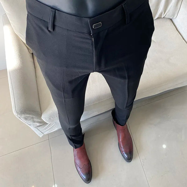 Slim fit business dress pants for men in black, khaki, and navy blue, perfect for autumn office wear and smart casual events.