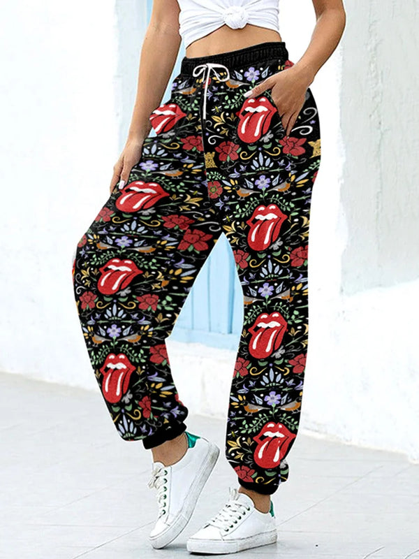 Chic high-waist joggers with 3D geometric print, pockets, and elastic drawstring for comfort and style in any season.