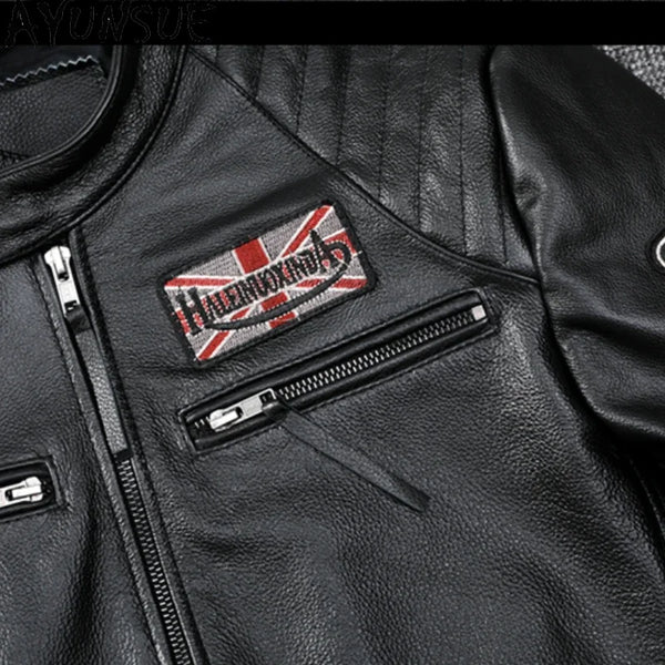Men's slim fit leather motorcycle jacket in premium cow leather with stand collar and zip closure, perfect for spring and aut