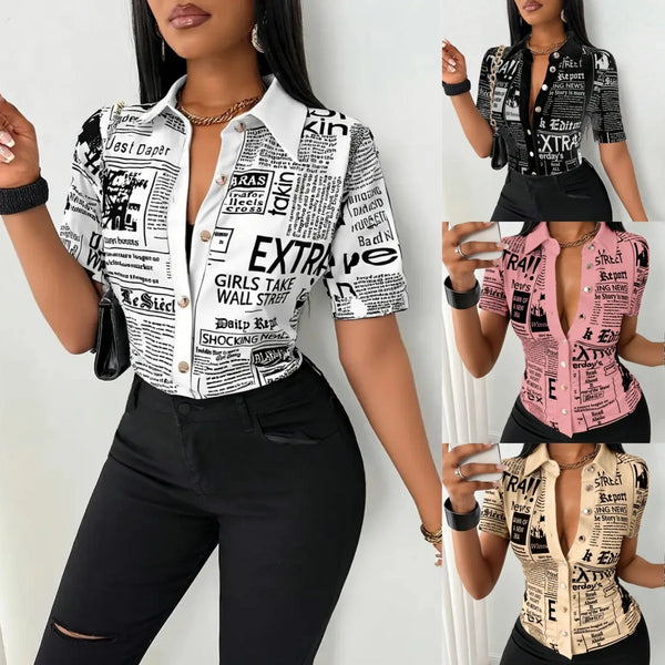Chic Newspaper Print Blouse with V-neck and short sleeves, perfect for casual or office wear in lightweight polyester.