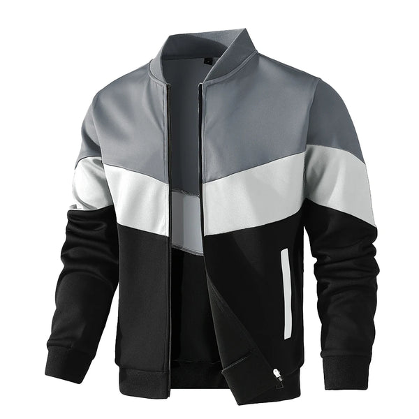 Men's Trendy Color Block Bomber Jacket in US sizes, stylish zip-up design, perfect for all-season casual wear.