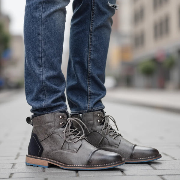 Men's zippered leather boots with cushioned insole and durable construction