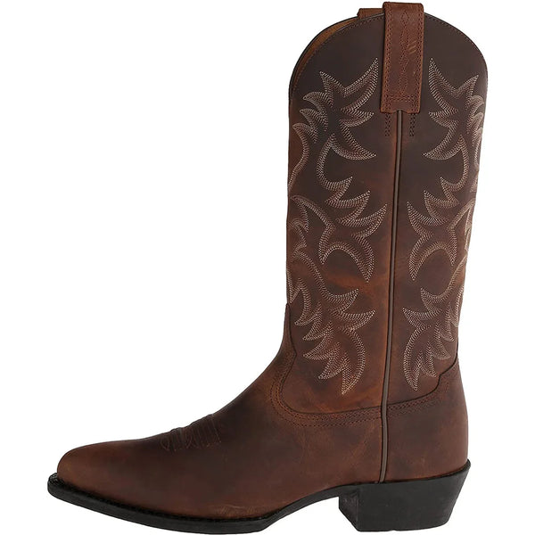 Western style boots in brown with elaborate hand-embroidered details and low heel
