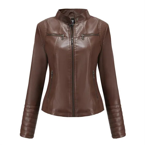 Chic women's slim leather biker jacket with zip detail, stand-up collar, and tailored fit for a stylish urban look.