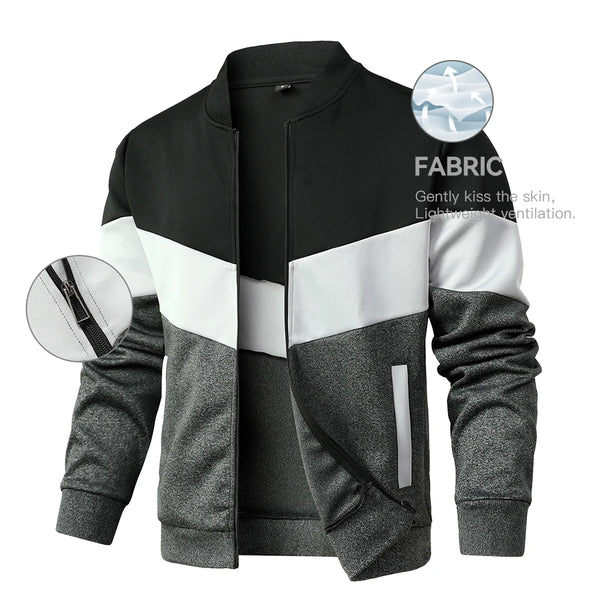 Men's trendy color block bomber jacket in US sizes, perfect for all-season wear and stylish casual outfits.