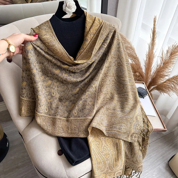 Stylish headscarf made from lightweight paisley pashmina with tassels.