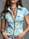 Botanical print fusion shirt in denim look with modern stand collar feature
