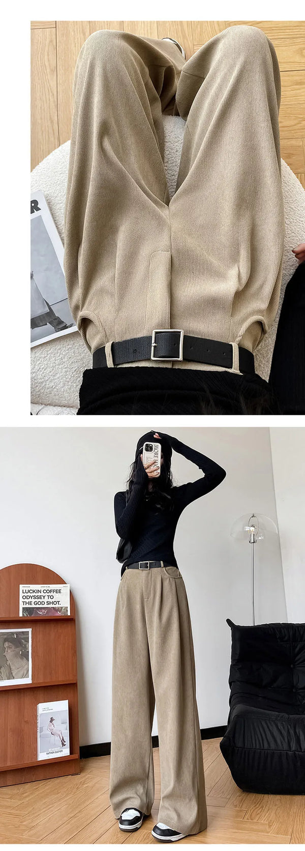 Chic high-waist corduroy wide-leg pants for women, perfect for autumn fashion and casual office wear. Stylish and comfortable