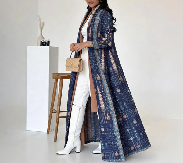 Extra-long blue coat with functional hood and knit construction for fall and spring wear