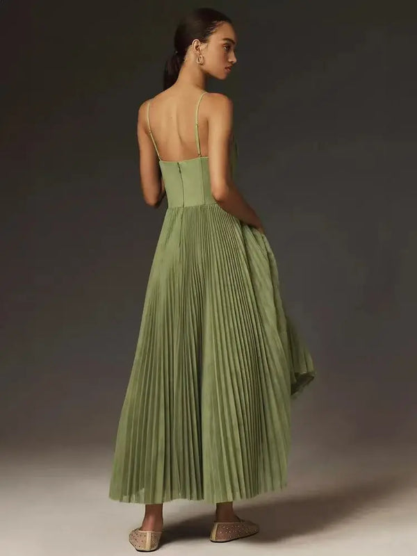 Elegant mid-calf evening dress featuring high-waist design and distinctive suspender accents