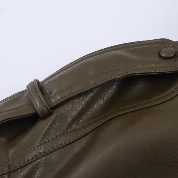 Chic army green faux leather jacket for women with stand collar, loose fit, and functional pockets, perfect for winter style.