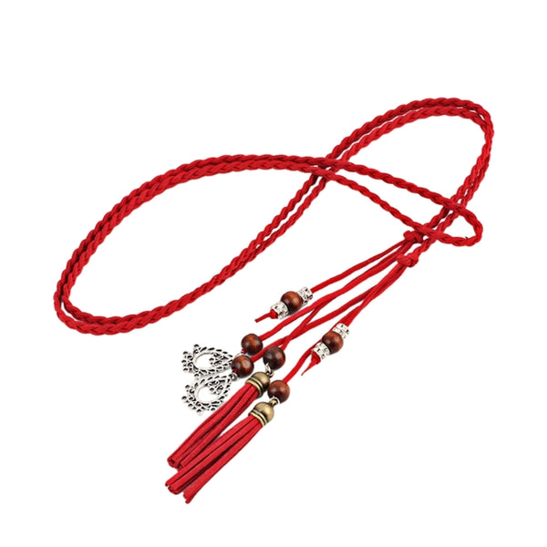 Bohemian braided faux leather skinny belt for women in camel, perfect for casual and formal outfits with fringe accents.