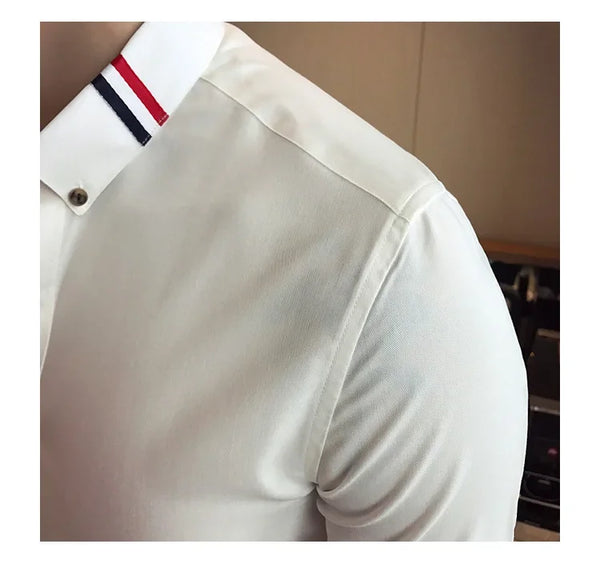 Elegant men's slim-fit dress shirt in solid color, perfect for spring, made from cotton, polyester, and spandex blend.